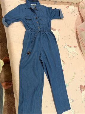 Girls' Blue Denim One-Piece Jumpsuit